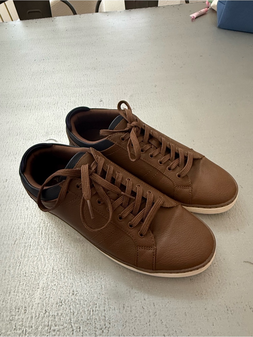 Aldo Brown Leather Lace-Up Sneakers with Black Collar Accent